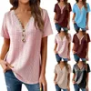 Women's T Shirts Loose Casual Lace Button Braided Pattern Daily Summer V Neck Short Sleeve Top Shirt Scoop Long