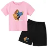 Kläderuppsättningar 2023 Fun Bear Car Invertered Print Boy/Girl T-shirt Top Shorts 2 Piece Set Kids Summer Baby Sweet Athleisure Suit For Ages 3-14