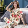 Damen-Nachtwäsche, Damen-Pyjama-Set mit Blumenmuster, 2 Stück, sexy gekerbte Baumwolle, Pyjama-Anzug, Frühling, Sommer, Nachtwäsche, Loungewear, Heimkleidung