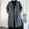 Herrgravrocksjackor 2023 Spring Single Breasted Medium Long Hooded Coat Manlig fast färg Vindbrytare Plus Size B119