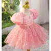 Neue glänzende rosa Blumenmädchenkleider für Hochzeit Tüll Spitze langes Mädchenkleid Party Weihnachtskleid Kinder Prinzessin Kostüm für Kinder 12T Geburtstagskleid mit großer Schleife Schärpe