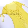 Women's Blouses Shirts Gtpdpllt Womens Shirt Short Sleeve Tie Front Long Cardigan Top Y2k Summer Yellow Mesh See Through Sexy Shirts And Blouses J230802