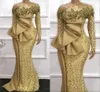 Gold African Mermaid Evening Dresses Glittering Sequined Long Sleeves Big Bow Satin Peplum Prom Party Gowns Plus Size Arabic Aso Ebi Women Vestidos De Festa AL971