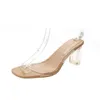 Klänningskor Fashion Transparent Sandals Women Summer Crystal High Heel tofflor Sexiga kvinnliga glidbanor Klara klackar 34-41 WSH4394