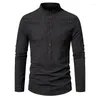 Men's Casual Shirts High Quality Henley Collar Long Sleeved Striped Shirt Pullover T-shirt