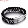 Link Armbanden Granny Chic Mode 8.66" 18MM Heren Gevlochten Leer Roestvrij Staal Bedel Zilver Goud Kleur Armband Punk Accessoires