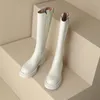 Botas traseiras com zíper biqueira redonda cor sólida plataforma plana cavaleiro casual sola macia confortável couro genuíno bota feminina até o joelho