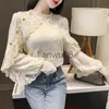 Women's Blouses Shirts New Crochet Lace Blouse Women Chic Ruffle Lace Stitching Shawl Ladies Stand Collar Tops 2021 Spring Long Sleeve Slim Shirt13025 J230802