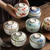 Tigelas Cozinha Criativa Com Tampa Utensílios de Mesa Japoneses Cerâmica Pintada à Mão Porcelana Azul e Branca Sopa Ovo Cozido no Vapor