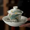 그릇 Feifan 세라믹 손으로 그린 ​​녹색 잉크 드래곤 패턴 Sicai Bowl 레트로 고급 티 컵 완전한 세트