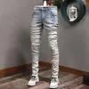 Männer Jeans High Street Fashion Männer Retro Gelb Blau Elastische Skinny Fit Ripped Gedruckt Designer Hip Hop Marke Hosen hombre