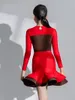 Scene Wear Red Latin Dance Clothes Girls Tango Ballroom Practice Outfit Hollow Out Bodysuit kjol Chacha Performance Costume VDB6076