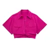 Women's Blouses 2023 Summer Purple Red Lapel Linen Blend Short Shirts For Women Fashion Street Waist Knot Double Pocket Sleeved Top Female