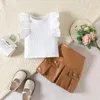 Clothing Sets 2023 Summer Baby Girl Cotton Clothes Toddler Girls Pit Strip Butterfly Sleeve T Shirt PU Short Skirt 2 Pcs Set Children's Suit