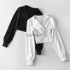 Kvinnors blusar skjortor Turndown Collar Shirts Women Crop Tops V Neck Wrap Long Sleeve Crop Tops Female Interlock White Black Short Blues Clothes J230802