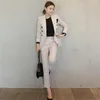 Calças femininas de duas peças xadrez mulher formal conjunto de calças 2023 em casual botão duplo blazer ternos escritório senhoras negócios elegantes 2 peças