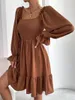 Abiti casual Donna Elasticità Abito Ruffle Vita alta Stretto A-line 2023 Pullover Collo quadrato Manica lunga Increspato