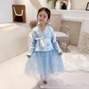 Etniska klädbarn Hanbok Girls Blue Pearl Decoration Snöflinga broderad topp spets tutu klänning söt koreansk folk prinsessan dans