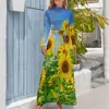 Lässige Kleider, Sonnenblumenfeld-Kleid, elegantes, individuelles Maxi-High-Neck-Langarm-Streetwear-Böhmen