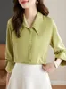 Women's Blouses Autumn Winter Green Satin Blouse Women Long Flare Sleeve Button Up White Shirts Office Lady Vintage Tops Female Casual