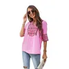 Women's Blouses Mexican Embroidered Tops Bohemian Style V-neck Peasant Summer Half Sleeve Shirt Boho Tunic Hippie Clothes Female