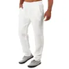 Calças masculinas de verão masculinas casuais de linho pernas retas cintura elástica cordão sólido soltas jogger calças masculinas hip hop 2023