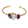 Raw Stone Bracelet for Women Irregular Amethyst Crystal Cluster Handmade Open Cuff Bangle Jewelry with Gold Trim