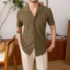 メンズカジュアルシャツ男性用サマーシャツニットワッフルキューバネックスリムフィットエラスティックショートスリーブ汎用性の高いソリッドブラックグリーン韓国