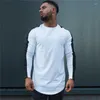 Camisetas masculinas de algodão de cor sólida, masculinas, compridas, finas, de manga comprida, com gola redonda, contraste, esportes, fitness, hip-hop, moda