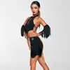Vestuário de palco sexy oco halter preto vestido de dança latina feminino salão de baile rumba salsa vestidos de baile franjas mangas conjunto de prática sl6999