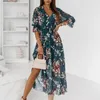 Casual Dresses 2023 Summer Women's Ruffled klänning Elegant Street Loose Fit Long Sexy Print Retro Party Body Site Split Women