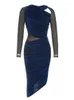 Casual Dresses Women Dark Blue Mesh Long Sleeve Irregular Dress Sexy Hollow O-Neck Bodycon Club Celebrity Party