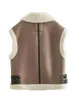 Kvinnors västar kvinnor väst 2023 Autumn Winter Stitching Lambool Imitation Leather Coat Vintage Sleeveless Pockets Female Waistcoat