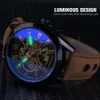 Orologi da polso Forsining Blue Light Glass Orologio sportivo casual da uomo in pelle Orologio militare automatico da uomo con scheletro meccanico Orologio luminoso 230802