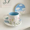 Koppar Saucers Spring Blue Sky och White Clouds Illustration Vind Ceramic Coffee Korea Advanced Design Sense.