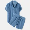 Summer Men Corduroy Shorts Sets Fashion Lapel Short Sleeve Shirts +shorts Solid Color 2 Piece Set Mens Casual Sportswear