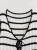 Женские штаны с двумя частями Черно-белый полосатый с короткими рукавами вязаные вязаные наборы в крючке в крючке и эластированной прямой ног с высокой талией
