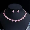 Halsbandörhängen Set Threegraces Romantic Pink Cubic Zirconia Stone Love Heart CZ Stud and Bridal Party Jewelry for Women TZ948