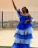 Feestjurken Extra Puffy Tulle Gala Kamerjassen Kapmouwtjes Gelaagde ruches Blauw en wit Aso Ebi Evening