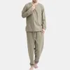 Pijama masculino primavera outono terno masculino de duas peças casual solto manga longa e calça decote em v pulôver de cor sólida roupas para casa