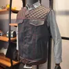 Men's Vests Vintage Cowhide Patchwork Cotton Denim Motorcycle Leather Vest Sleeveless Racing Jacket Round Neck Casual Waistcoat