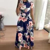 Casual Kleider Plus Größe Robe Frauen Herbst Lange Super Kleid 2023 Hülse Blume Drucken Hohe Kragen Verband Vestidos