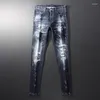 Hommes Jeans Street Fashion Hommes Rétro Noir Bleu Élastique Stretch Slim Fit Déchiré Perles Patché Designer Hip Hop Marque Pantalon