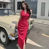 Casual Dresses Chic Hanging V Neck Midi Women Slim High midje Package Hip Gown Soft Acetate Pleated Side Slit Sleeveless Lady Vestidos