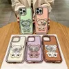 Obudowy telefonu komórkowego Śliczne niedźwiedzie lustro składane stojak na iPhone 11 12 13 14 Pro Max 14 Plus Glitter Glitter Quicksand na iPhone'a 14 L230731