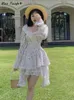 캐주얼 드레스 프랑스 꽃의 섹시한 드레스 여성 우아한 인쇄 파티 미디 여성 한국 패션 휴가 긴 슬리브 세련된 레트로