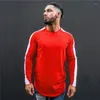 Camisetas masculinas de algodão de cor sólida, masculinas, compridas, finas, de manga comprida, com gola redonda, contraste, esportes, fitness, hip-hop, moda