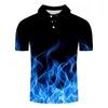 Polo Masculino Red Blue Flame 3D Printed Polo Shirt Summer Casual Fashion Short Sleeve Tops Lapel Masculino Cool Confortável Top Camiseta Moletom