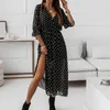 Casual Dresses 2023 Summer Women's Ruffled klänning Elegant Street Loose Fit Long Sexy Print Retro Party Body Site Split Women