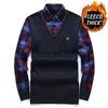 Herrtröjor Autumn Men's Bussiness Pullover Fake Two Pieces Shirt Collar Sweater Male Fleece Thick Sticked Top Bottomed Shirt Knitwear 4XL J230802